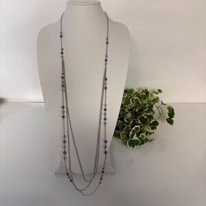 Multilayer Silver Tone Purple Long Beaded Chain Necklace Minimalist Jewelry